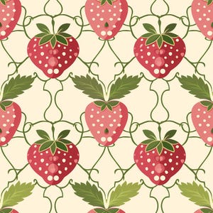 Cute strawberry themed surface design with hand drawn berries and leaves placed in a seamless arrangement, combining playful charm and clean composition, ideal for nursery decor, kids products, fabric textiles, wrapping paper, creative branding materials, scrapbook embellishments, and lighthearted fruit inspired artwork.