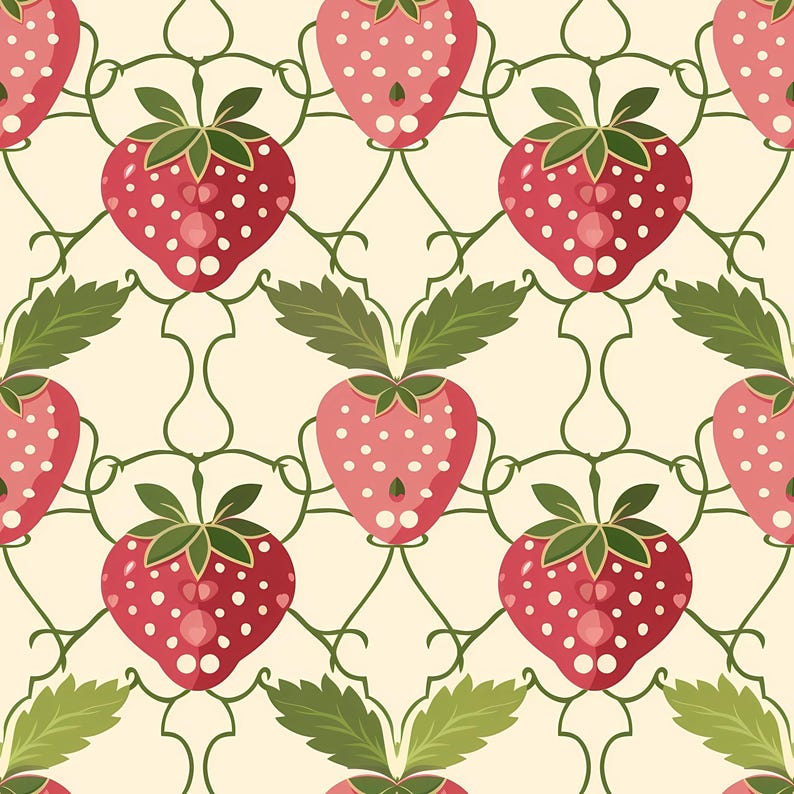 Cute strawberry themed surface design with hand drawn berries and leaves placed in a seamless arrangement, combining playful charm and clean composition, ideal for nursery decor, kids products, fabric textiles, wrapping paper, creative branding materials, scrapbook embellishments, and lighthearted fruit inspired artwork.