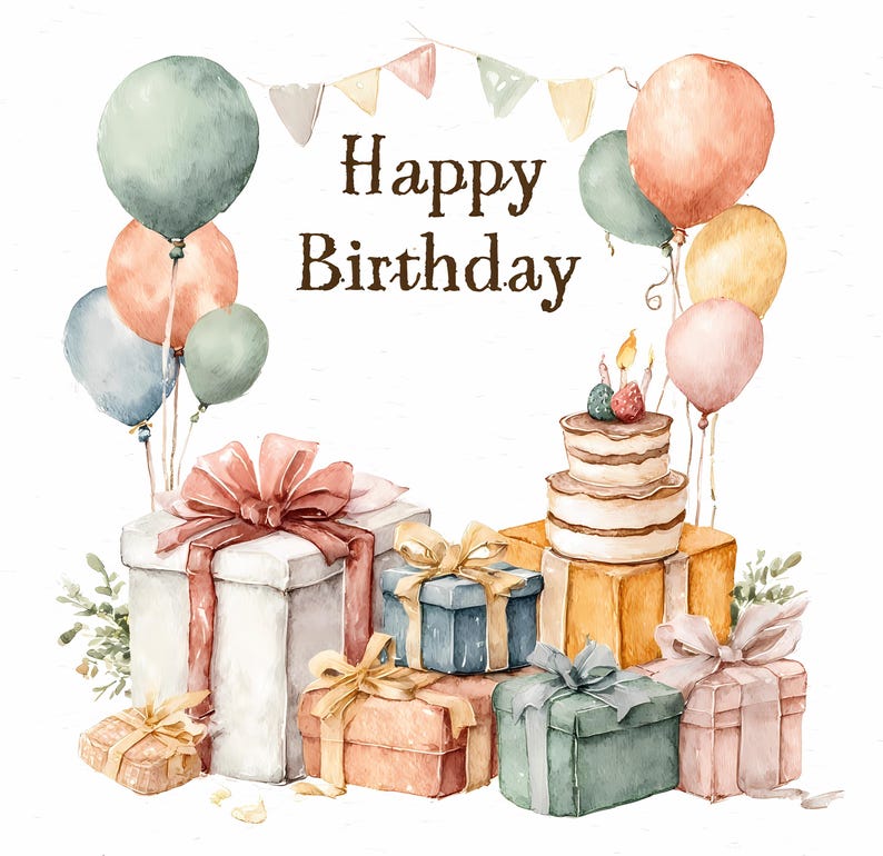 Watercolor Birthday Clipart Bundle: Pastel Balloons, Cakes, Gifts ...