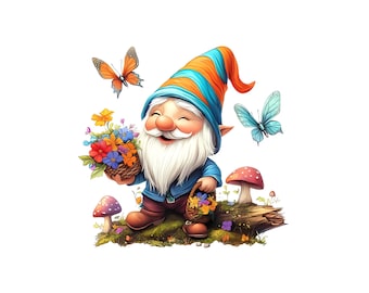 Whimsical Gnome Clipart Bundle: Flowers & Butterflies PNG JPG, Commercial Use, 951