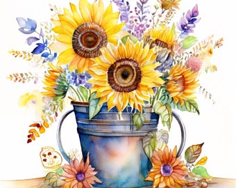 Aquarell-Frühlingsblumen mit Sonnenblumen in Vasen Png Jpg Clipart einzigartige Blumenarrangements  eleganten Vasen Handgemalte botanische