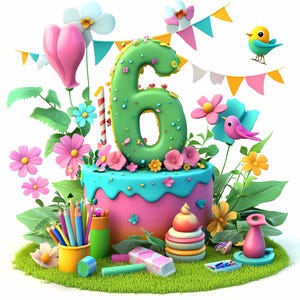 Paquete de imágenes prediseñadas de números de pastel para el sexto cumpleaños, imágenes prediseñadas de pastel, imágenes prediseñadas de dibujos animados imprimibles, PNG de alta calidad, manualidades de papel, diario basura