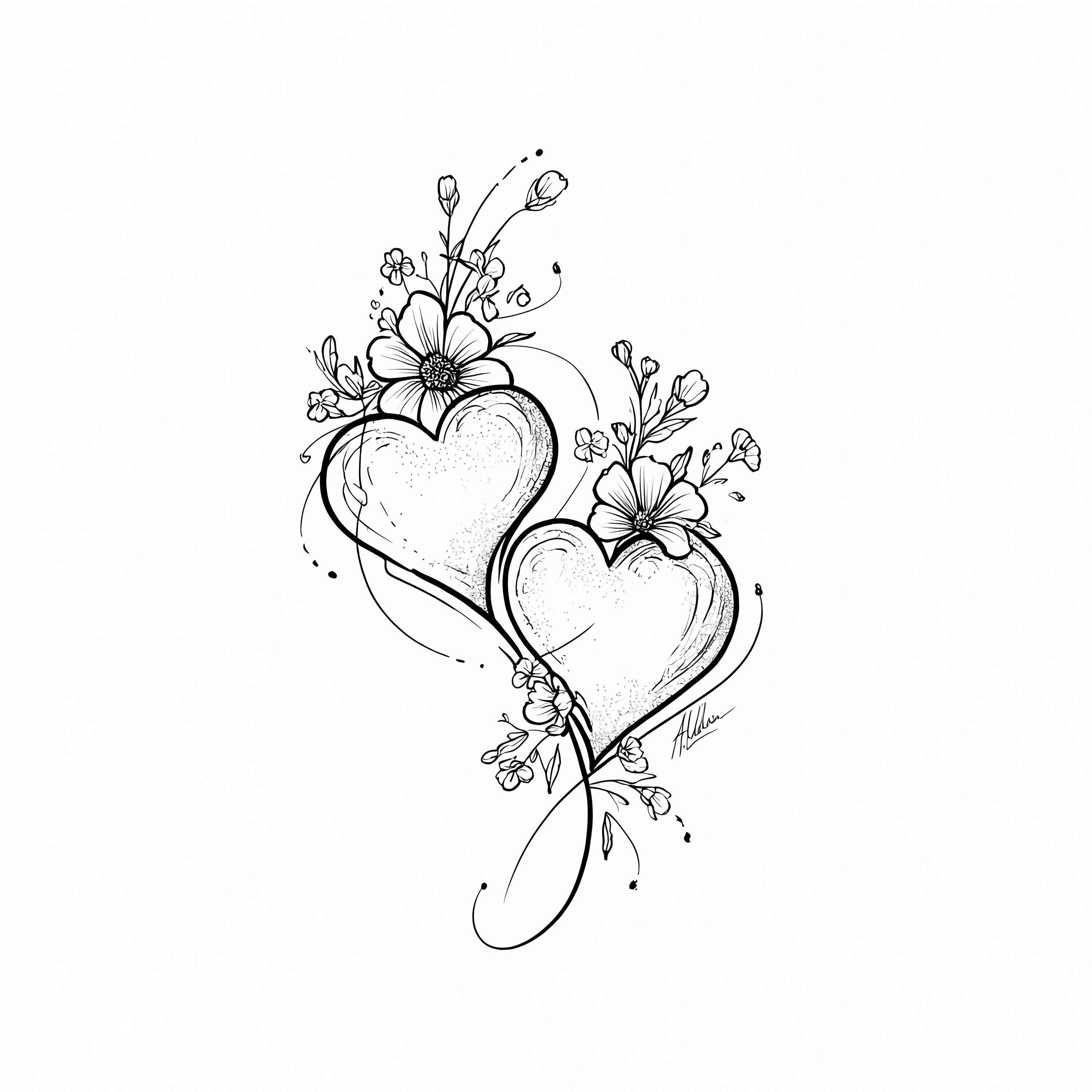 Heart Floral Clipart Bundle: Black and White Love Heart Illustrations ...