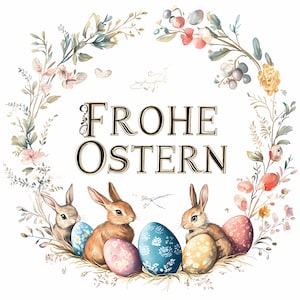 Frohe Ostern German Easter Clipart, Vintage Ostern Bundle, Osterhase Frühling Png, Ostern German PNG Wreath Easter Bunny
