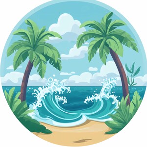 8 PNG Słoneczna Plaża Clipart, Cartoon Palms Clipart, Naklejki Tropikalna Plaża, Clipart do druku, Przezroczyste PNG Pobieranie cyfrowe, Papierowe rzemiosło