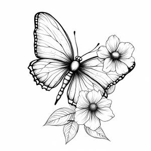 Paquete de páginas para colorear de flores y mariposas, conjunto de 9 archivos PNG/JPG, mariposa con elementos florales, arte lineal, diseños de tatuajes de mariposas