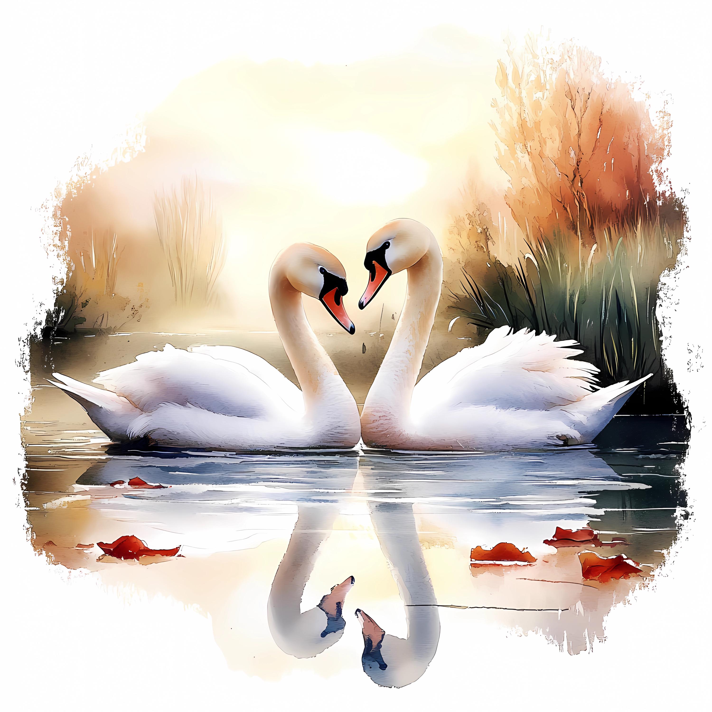 Swan Couple Png,romantic Watercolor Lake Scene ,digital Download