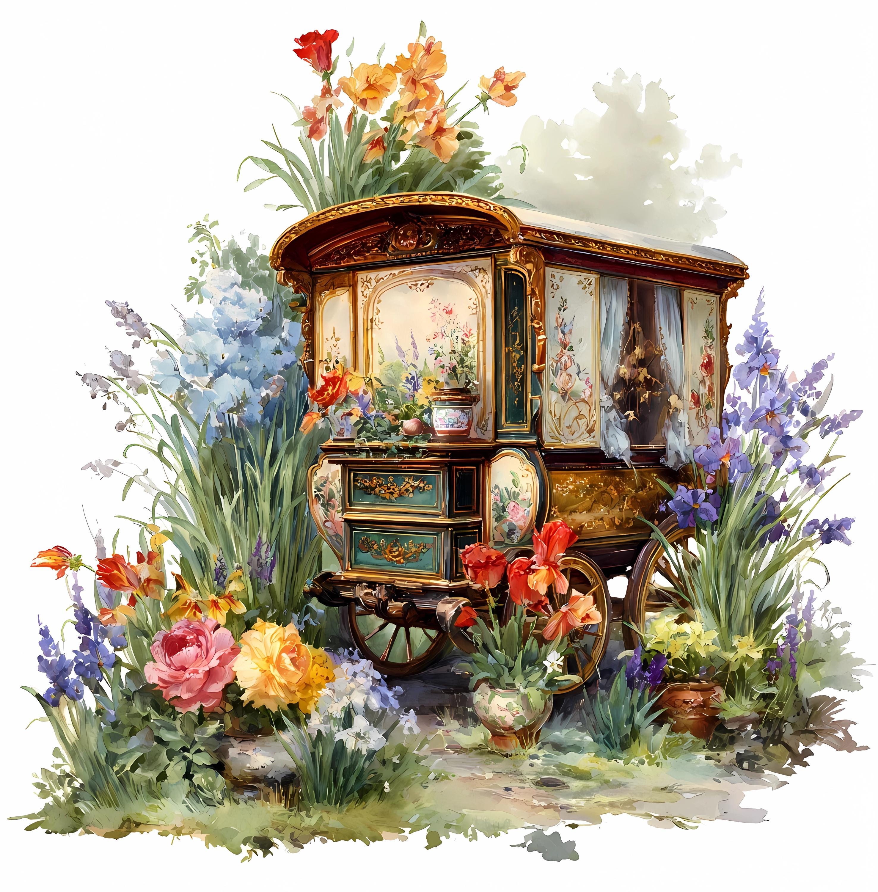 Retro Camper Watercolor Clipart Bundle: Floral Trailer Art (PNG, JPG ...