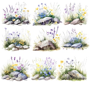 Paquete de 9 imágenes prediseñadas con borde de flores silvestres en amarillo lavanda y azul, archivos PNG y JPG, bordes florales de jardín de rocas de acuarela para manualidades y arte de sublimación.