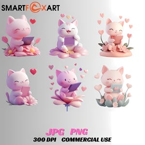 Bundle de cliparts mignon chat kawaii avec coeurs et téléphone - Stickers numériques chat amour pastel - anniversaire PNG JPG de chaton mignon, fichiers à usage commercial