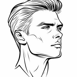 Puede incluir: Dibujo de línea de la cara y el cuello de una persona. La persona tiene el pelo corto y peinado y mira hacia la derecha.