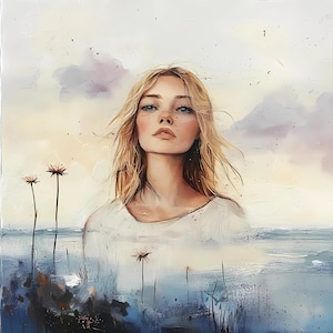 Retratos femininos abstratos modernos de mulheres com flores e natureza em aquarela, rosto feminino elegante e sonhador, impressões digitais, arte PNG e JPG