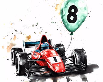 Watercolor 8th Birthday Car Clipart: Racing Theme (PNG Digital Download)