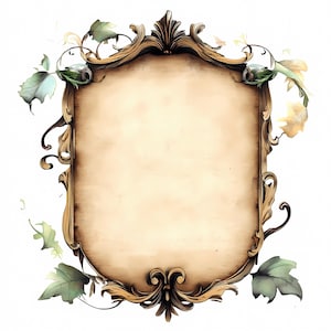 Può includere: Una cornice decorativa e ornata in legno con un centro vuoto color pergamena. La cornice è marrone caldo con dettagli dorati ed è adornata da foglie verdi e delicati elementi floreali, creando un'estetica vintage.