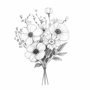 Floral Wildblumen Line Art PNG Bundle 8 - Hand gezeichnete Schwarzweiß-Blumenstrauß-Illustration für Sublimation und DIY-Projekte