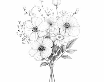 Floral Wildflowers Line Art PNG Bundle Set of 8 – Hand Drawn Black and White Flower Bouquet Illustration for Sublimation and DIY Projects