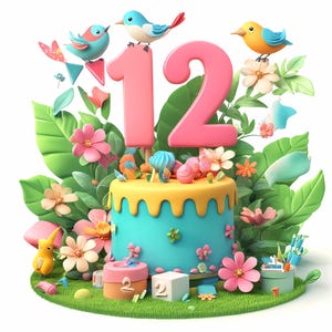 Paquete de imágenes prediseñadas de números de pastel para el 12.º cumpleaños, imágenes prediseñadas de pastel, imágenes prediseñadas de dibujos animados imprimibles, PNG de alta calidad, manualidades de papel, diario basura
