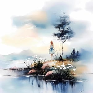 Pacote de clipart de aquarela de garota sonhadora perto do lago, clipart de paisagem de garota em vestido azul, cena de natureza feminina PNG JPG, arte de parede com vista para o lago
