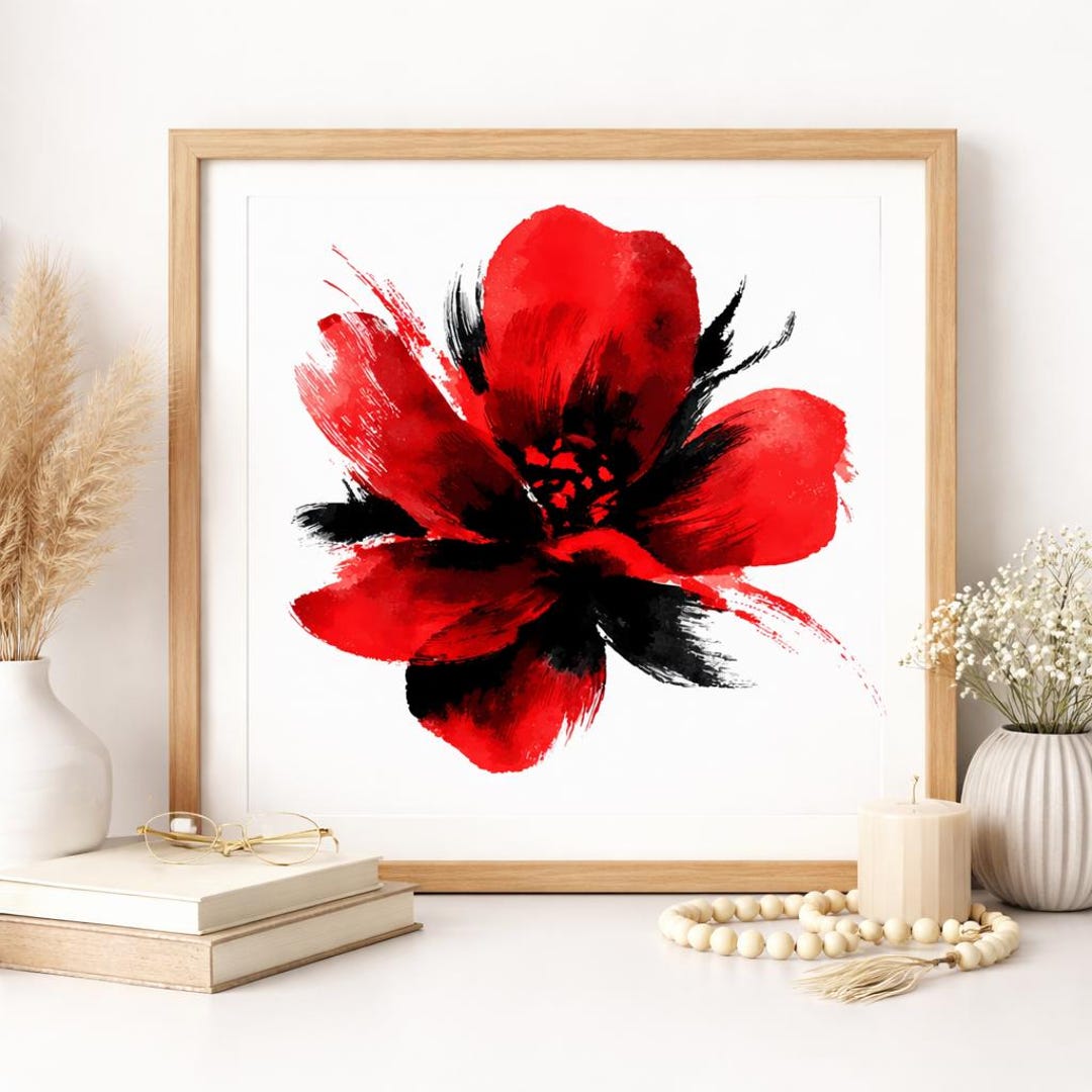 Modern Abstract Red Black Floral Wall Art Bundle Expressive ...
