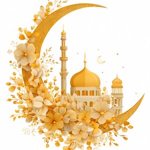 High-quality golden mosque illustration with ornate crescent moon and floral decorations, perfect for Eid Mubarak or Islamic holiday celebrations, featuring detailed domes, minarets and luxury floral elements. Ideal for greeting cards, wall art, DIY projects and printable decorations in Islamic cultural themes. Includes PNG with transparent background and JPG formats for easy use in crafts, sublimation, scrapbooking, digital invitations, and festive design projects.
