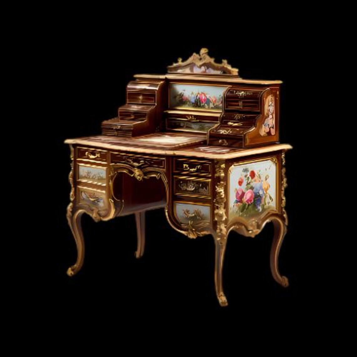 Luxury French Rococo Writing Desk With Hand Painted Flowers Elegant luxury-french-rococo-writing-desk-with-hand-painted-flowers-elegant