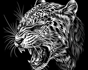 Leopard Wall Art Printable for Modern Interiors, Black and White Floral Tattoo Style, 1583