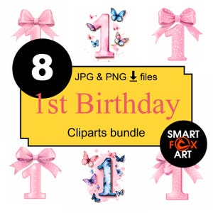 Pink Bow 1st Birthday Clipart Coquette Number One Png, My First Birthday Image Instant Download, Blue Butterflys for 1st Birthday Clipart