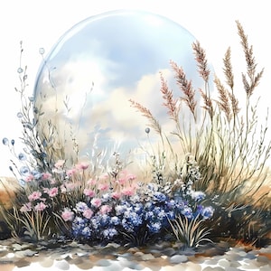 Paisaje floral redondo en acuarela con sendero, río y flores silvestres, impresiones circulares con reflejos de la naturaleza para arte mural DIY (JPG/PNG)