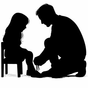 Silueta de padre e hija PNG, Papá atándose los zapatos a su hija SVG, Clipart del Día del Padre, Arte lineal de amor familiar, Papá e hijo SVG