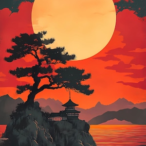 8 Clipart di paesaggio cinese astratto con sole rosso, Clipart di lago asiatico ad acquerello, Clipart di notte asiatica, File PNG di creazione di biglietti di alta qualità digitali