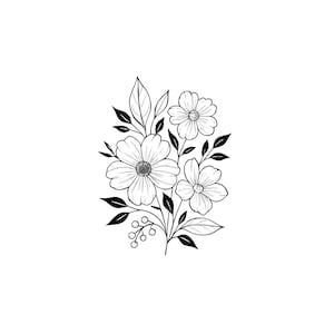 以下が含まれることがあります： 白黒のフローラルイラスト。3つの花、葉、ベリーが描かれています。繊細な線画スタイルでデザインされており、様々なクラフトプロジェクトに最適です。背景は白です。