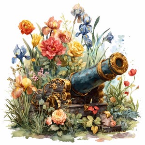 May include: Watercolor illustration of a blue and gold cannon surrounded by colorful flowers. The cannon is detailed with ornate gold accents and sits amidst a vibrant array of red, yellow, and blue blooms, creating a whimsical scene.