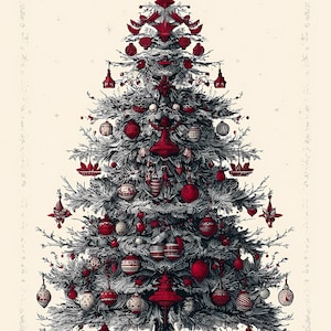 Bundle de cliparts sapin de Noël vintage - ornement rouge décoré d'arbres, téléchargement numérique vacances rétro, Illustrations de sapin de Noël classique