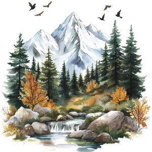 Paquete de imágenes prediseñadas de paisajes de montaña en acuarela, paisajes otoñales de lago y bosque, impresiones PNG JPG de naturaleza, arte mural DIY, scrapbooking, sublimación