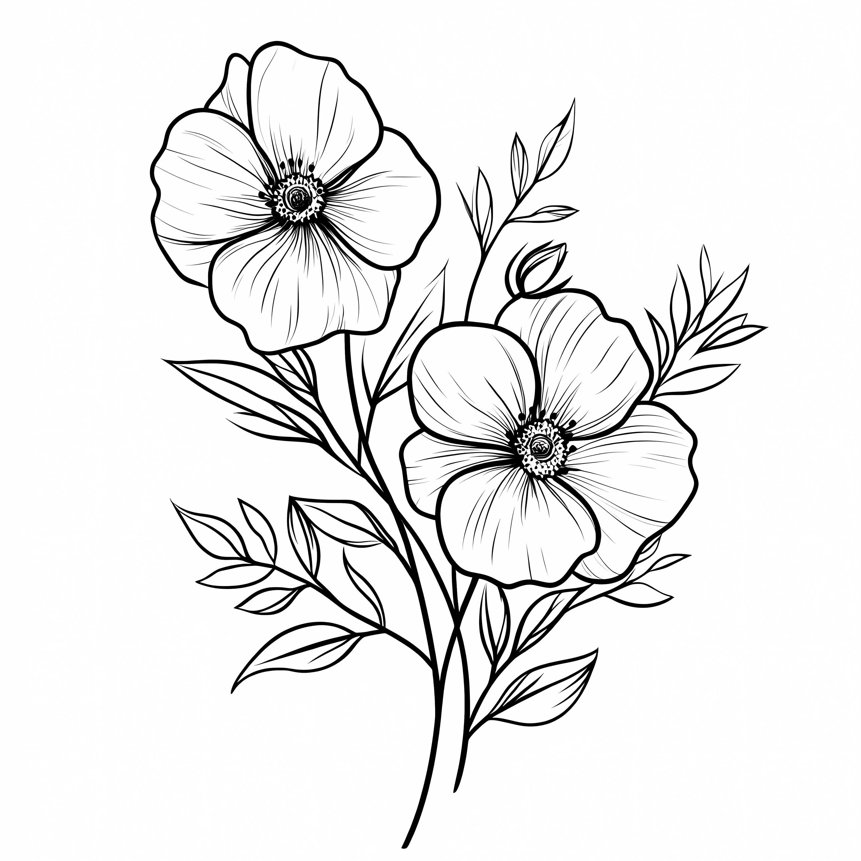 Paquete de imágenes prediseñadas de tallos florales, arte lineal de flores en blanco y negro, ramo floral PNG, tallo de flor botánica PNG JPG, diseño de tatuaje, página para colorear