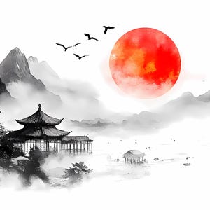 Clipart di paesaggi giapponesi, arte ad acquerello asiatica, download digitale Clipart di sole rosso, artigianato di carta digitale, diario spazzatura, arte murale asiatica stampabile
