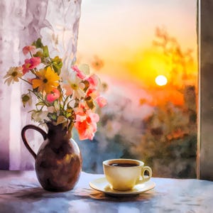 May include: A still life painting of a coffee cup and a vase of flowers on a table near a window. The flowers are pink, yellow, and white. The coffee cup is yellow and filled with dark liquid. The background shows a sunset.