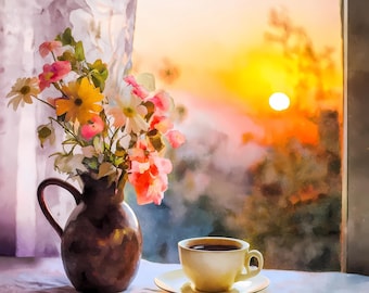 Sunrise Coffee Floral Window Watercolor Art Print Morning Illustration