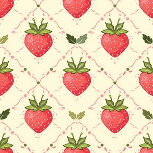 Seamless strawberry pattern featuring hand drawn red strawberries with green leaves arranged in a repeating layout on a soft pastel background, creating a cheerful summer fruit design suitable for kitchen decor, children room accents, stationery, wrapping paper, scrapbooking projects, textile prints, wallpaper surfaces, creative branding, surface design, packaging visuals, gift products, playful home decor ideas, and colorful seasonal artwork inspired by fresh berries and warm summer moods.