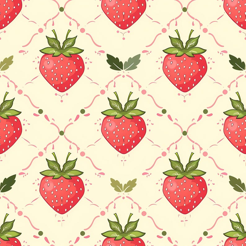 Seamless strawberry pattern featuring hand drawn red strawberries with green leaves arranged in a repeating layout on a soft pastel background, creating a cheerful summer fruit design suitable for kitchen decor, children room accents, stationery, wrapping paper, scrapbooking projects, textile prints, wallpaper surfaces, creative branding, surface design, packaging visuals, gift products, playful home decor ideas, and colorful seasonal artwork inspired by fresh berries and warm summer moods.