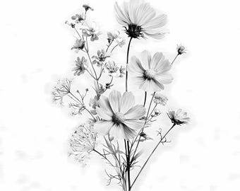 Minimalist Wildflower Line Art Prints: Black and White Botanical Set (PNG JPG Digital Download)