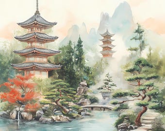 中国の寺院のクリップアート、水彩画の山岳風景 146 - Etsy 日本