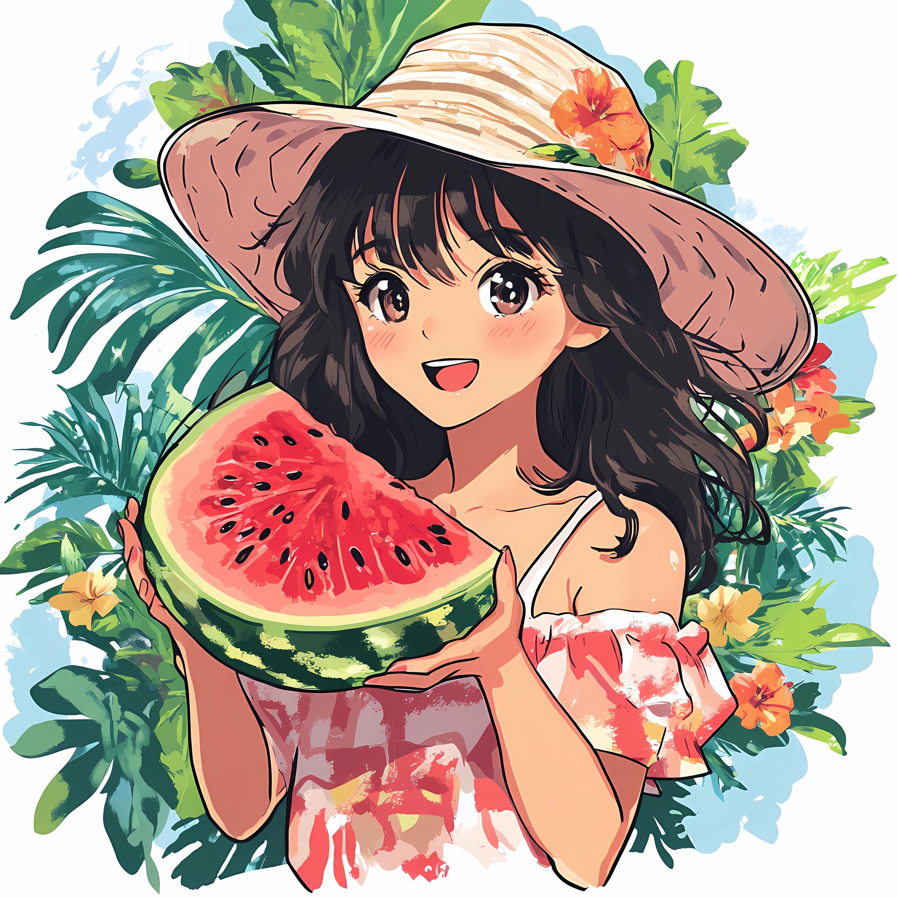 グラフィックアート イラストキャラクター SUKI 作 スイカを持った女の子のクリップアート、夏の水彩イラスト、子供向け