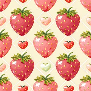 Continuous strawberry surface pattern with illustrated berries and leaves arranged harmoniously across the design, offering a bright and friendly summer fruit theme suitable for wallpaper art, textile decor, handmade crafts, paper projects, children decor, creative branding, and joyful seasonal visual compositions.