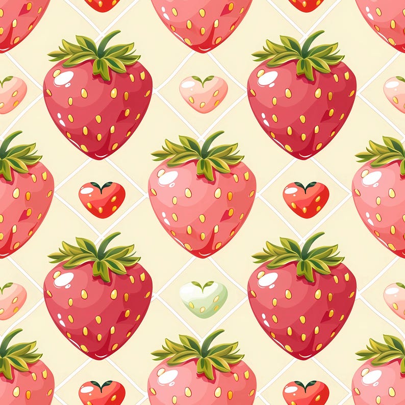 Continuous strawberry surface pattern with illustrated berries and leaves arranged harmoniously across the design, offering a bright and friendly summer fruit theme suitable for wallpaper art, textile decor, handmade crafts, paper projects, children decor, creative branding, and joyful seasonal visual compositions.