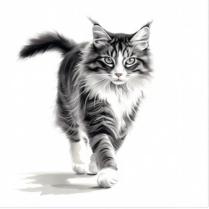 Art mural imprimable chat gris, clipart chat gris, chat gris aquarelle, image de chat gris gracieux, clipart chat gris à poil long, PNG de haute qualité