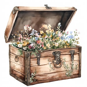 12 bloemen borst clipart, aquarel houten kist, bloemen schatkist clipart, boho bloemen illustratie, hoge kwaliteit png-bestanden, ongewenste dagboek