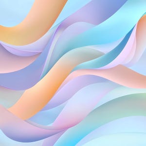 May include: Abstract digital art featuring flowing, ribbon-like shapes in pastel colors. The design incorporates shades of peach, lavender, light blue, and white, creating a soft, ethereal aesthetic. The composition suggests movement and fluidity.