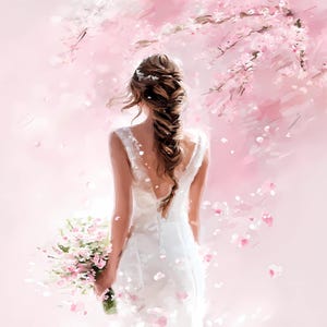 以下が含まれることがあります： 白いウェディングドレスを着て、ピンクの花束を持っている人の芸術的なイラスト。長い三つ編みで、後ろ姿。ピンクの花と花びらが、柔らかなピンク色の背景に浮かんでいます。