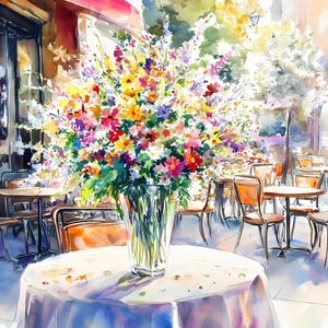 Romantisches Aquarell Paris Cafe Wall Art Printable Bundle mit bunten Wildblumen in Vasen, französisches Bistro Terrasse Blumendekor, Prints Art